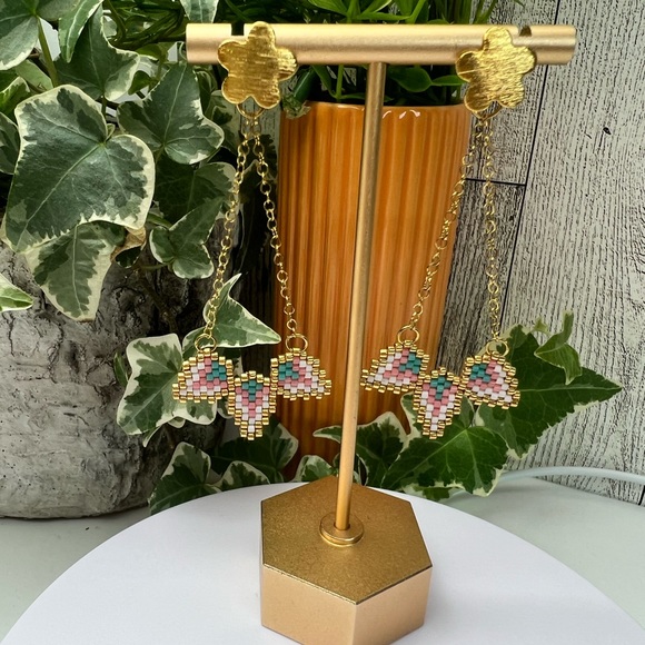 Delicate Gold Floral Dangle Earrings - Cute Beaded Flower Earrings - Picture 10 of 13